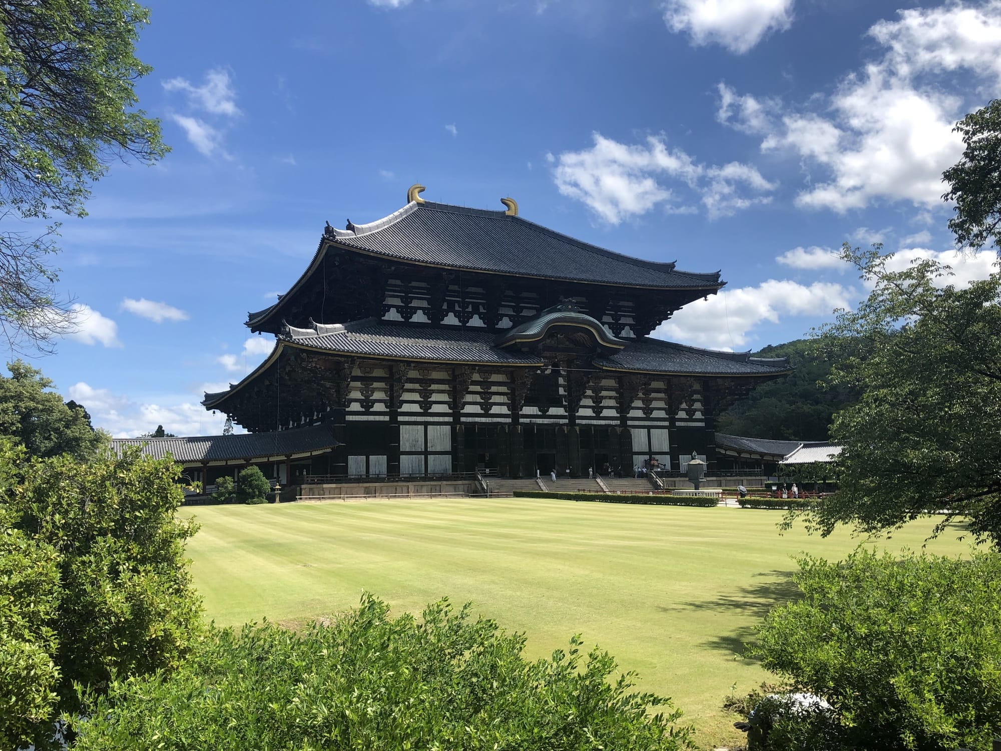 Todai-ji temple hall in Nara Park under a blue sky