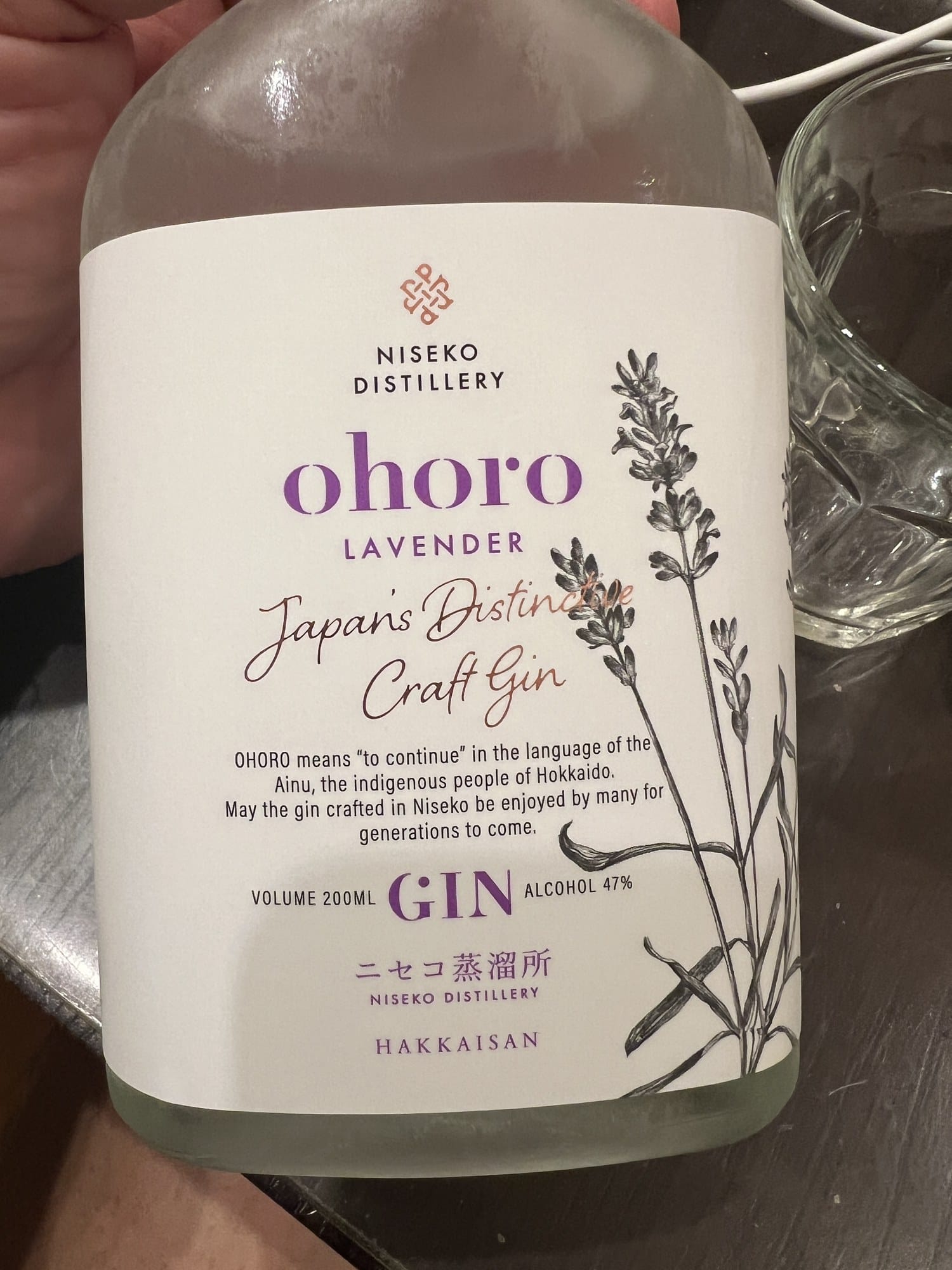 A bottle of ohoro GIN Lavender edition from Niseko Distillery