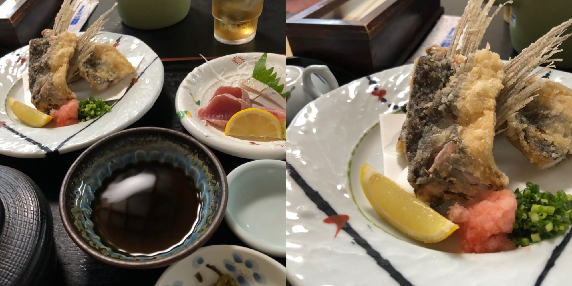 Fried whole flying fish (tobiuo) set meal with sashimi, lemon and grated daikon at an island restaurant