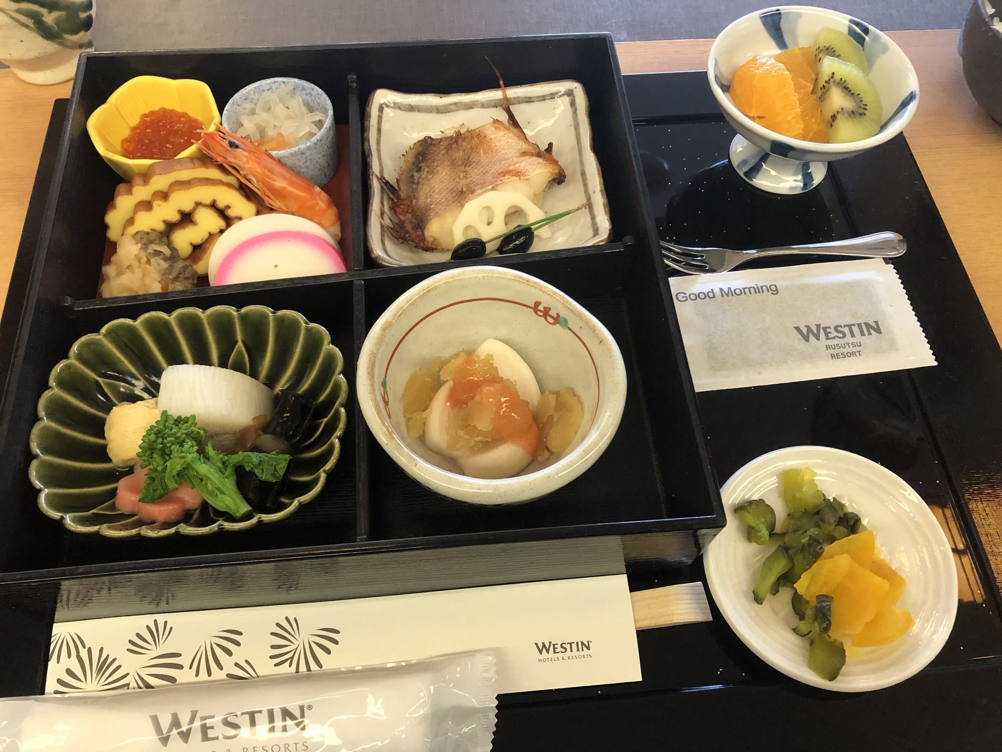 A Japanese breakfast set in a lacquered box at The Westin Rusutsu Resort