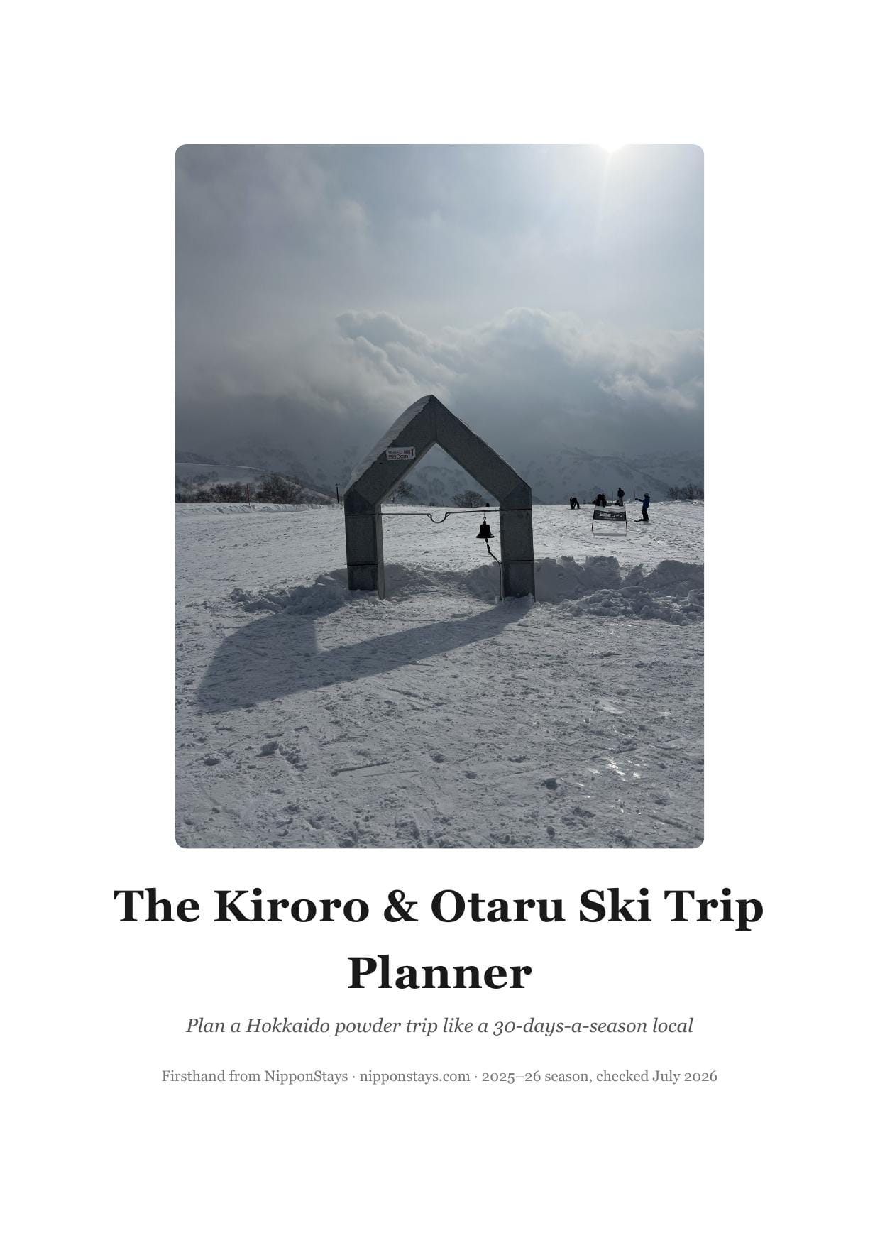 Cover of The Kiroro and Otaru Ski Trip Planner showing the summit gate at Kiroro in winter