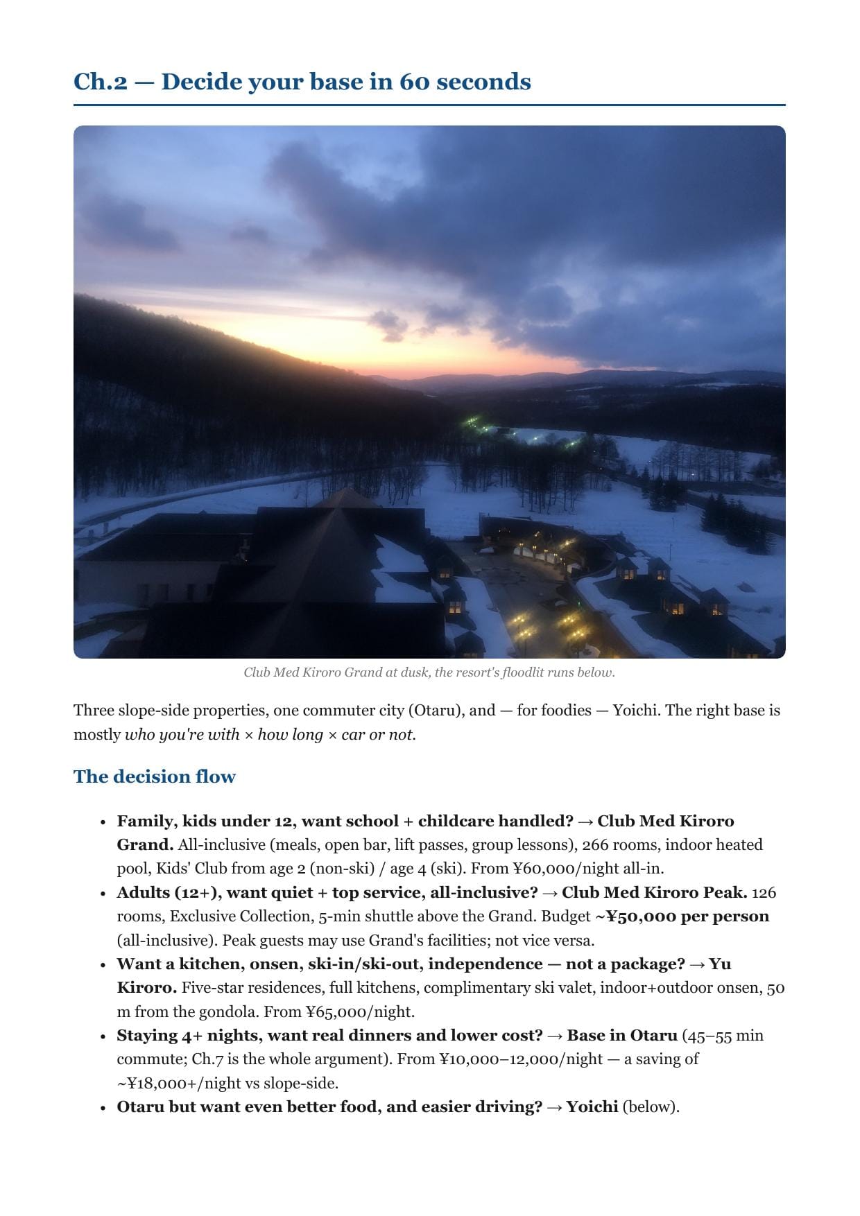 Sample page from the ski planner: a decision flow for choosing between Club Med Kiroro Grand, Peak, Yu Kiroro and Otaru, with nightly prices