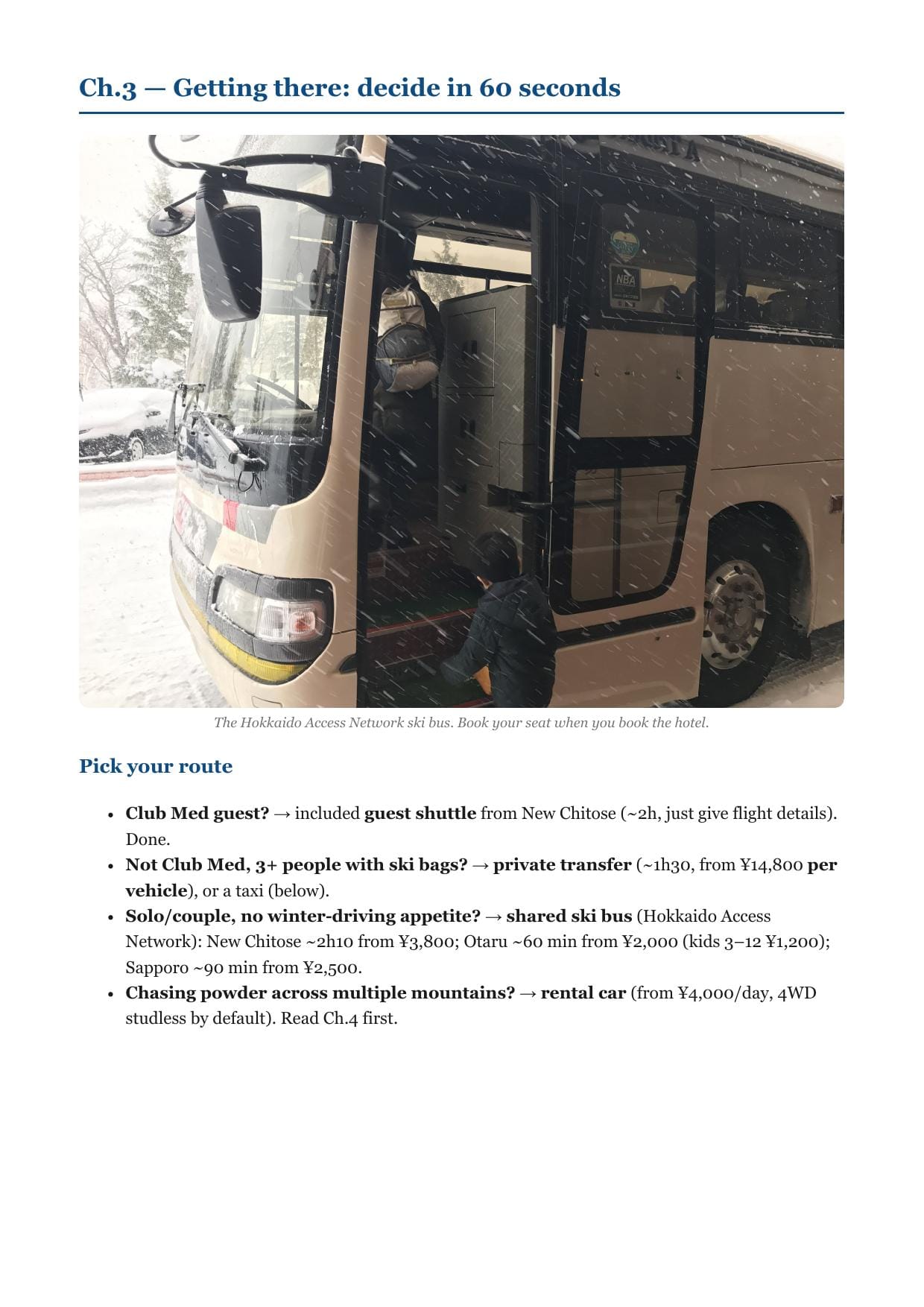 Sample page from the ski planner comparing airport transfer options from New Chitose to Kiroro with prices and journey times