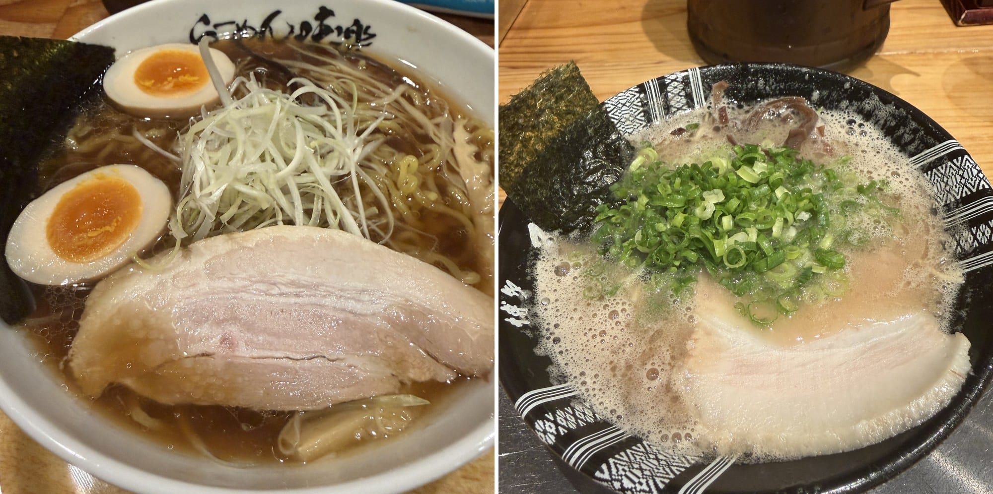 Two mini ramen bowls side by side: a clear seared-shoyu broth from Rishiri Ramen Ajiraku on the left, an opaque foamed tonkotsu from Hakata Issou on the right