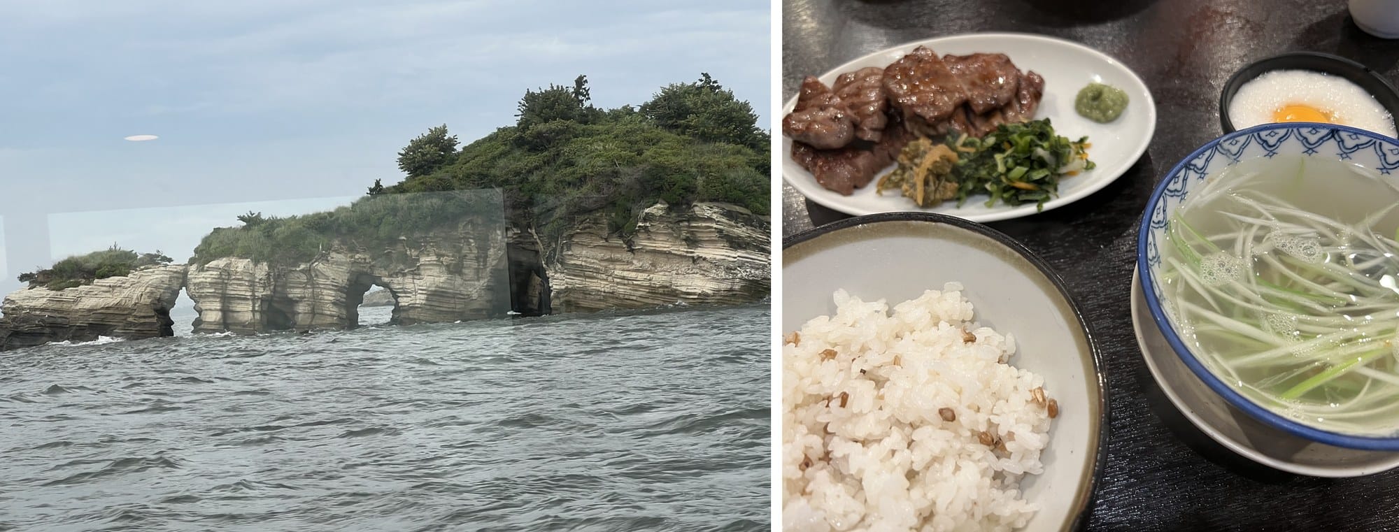 A pine-topped rock island in Matsushima Bay with a natural arch, and a Sendai gyutan set with barley rice and oxtail soup