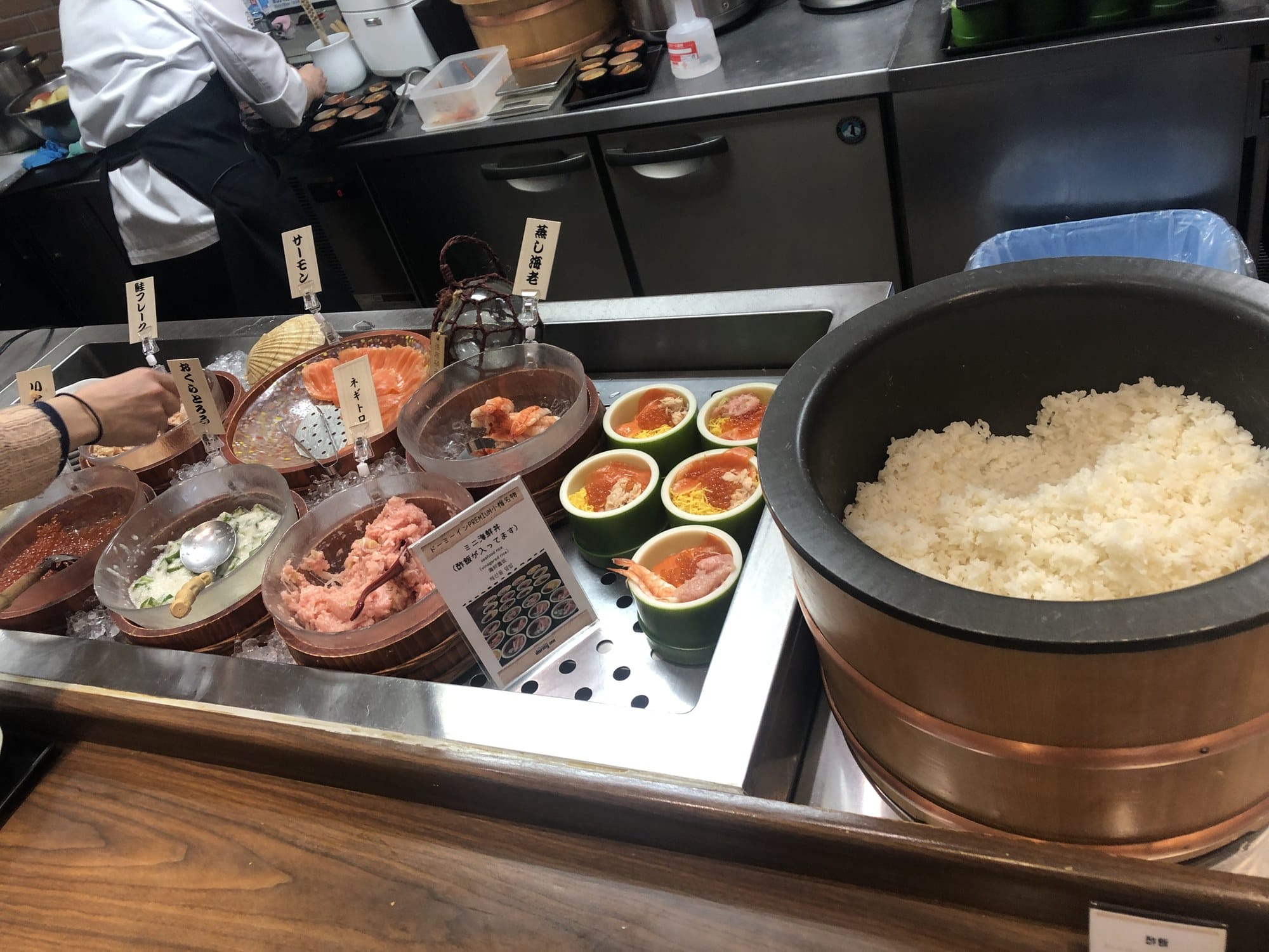 Seafood breakfast buffet bar with salmon, ikura and shrimp at Dormy Inn PREMIUM Otaru in Hokkaido