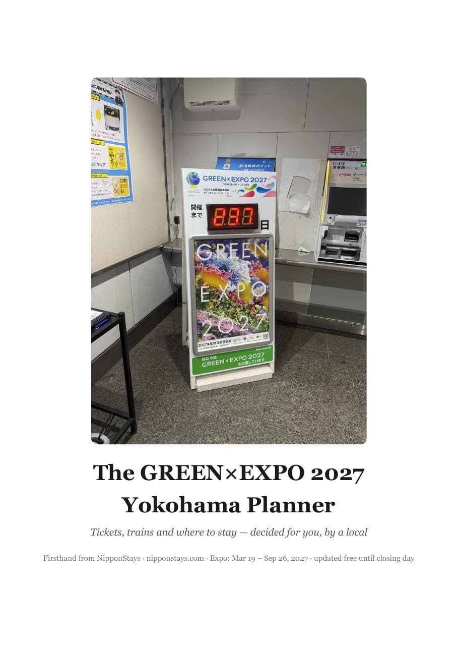 Cover of The GREEN×EXPO 2027 Yokohama Planner showing the official countdown board at Yokohama Station