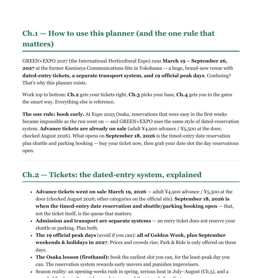 Sample page from the Expo planner explaining the dated-entry ticket system and the reservation timeline