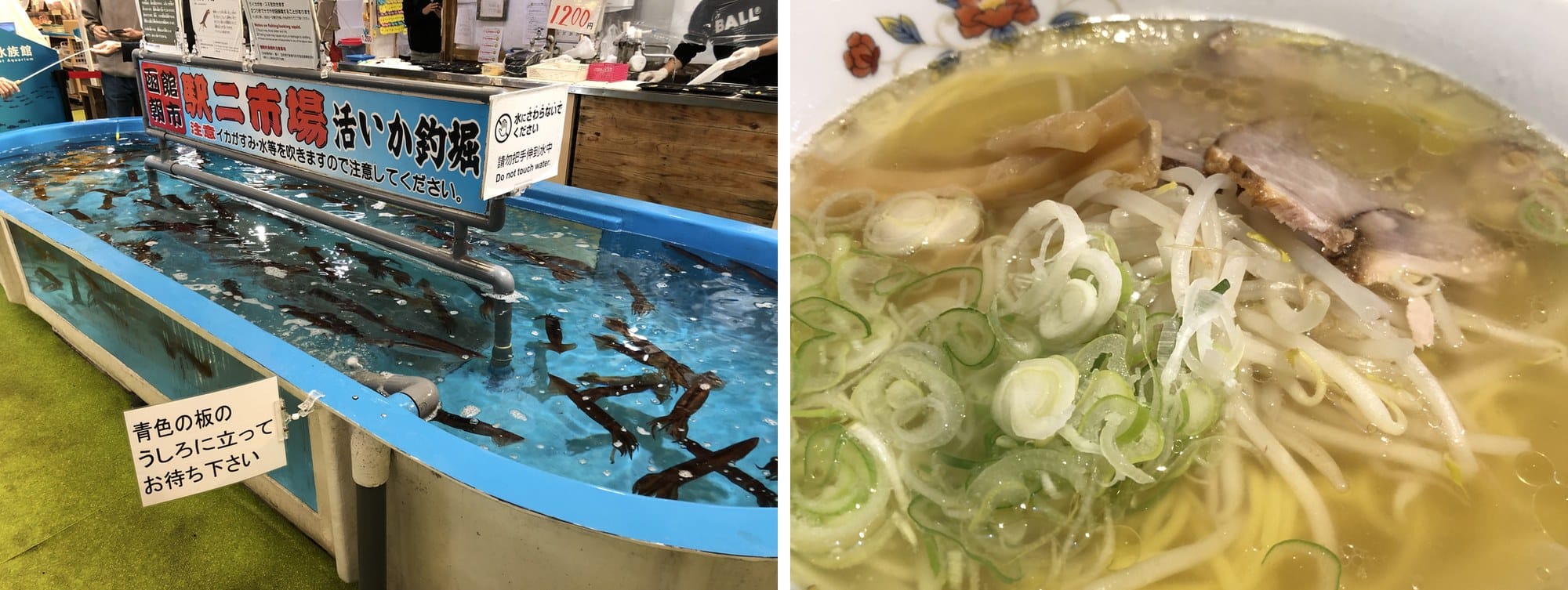 Live squid in a tank at the Hakodate morning market, and a bowl of clear salt-broth ramen