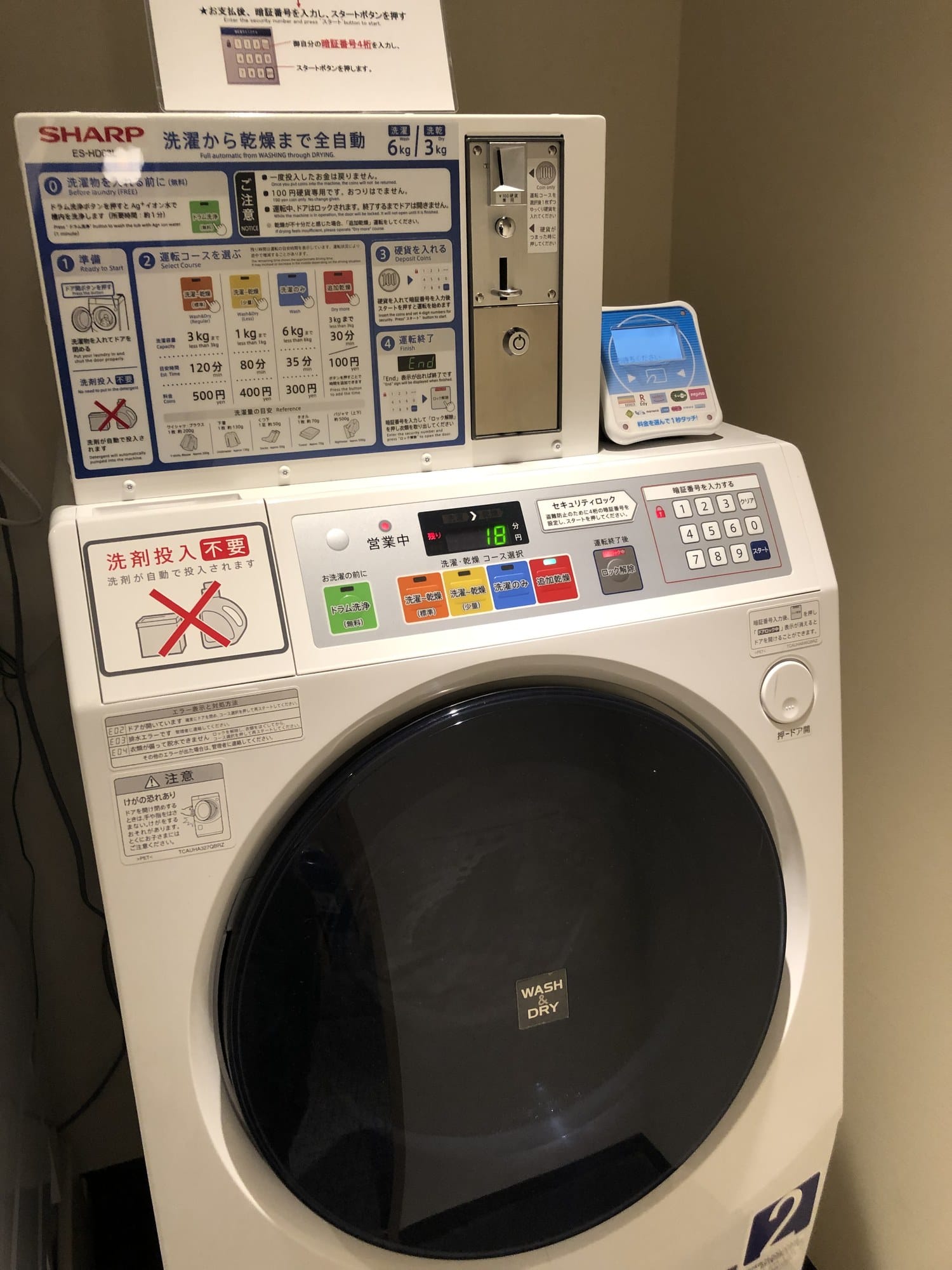 The control panel of a coin-operated washer-dryer in a Japanese hotel, with a coin slot and a course chart