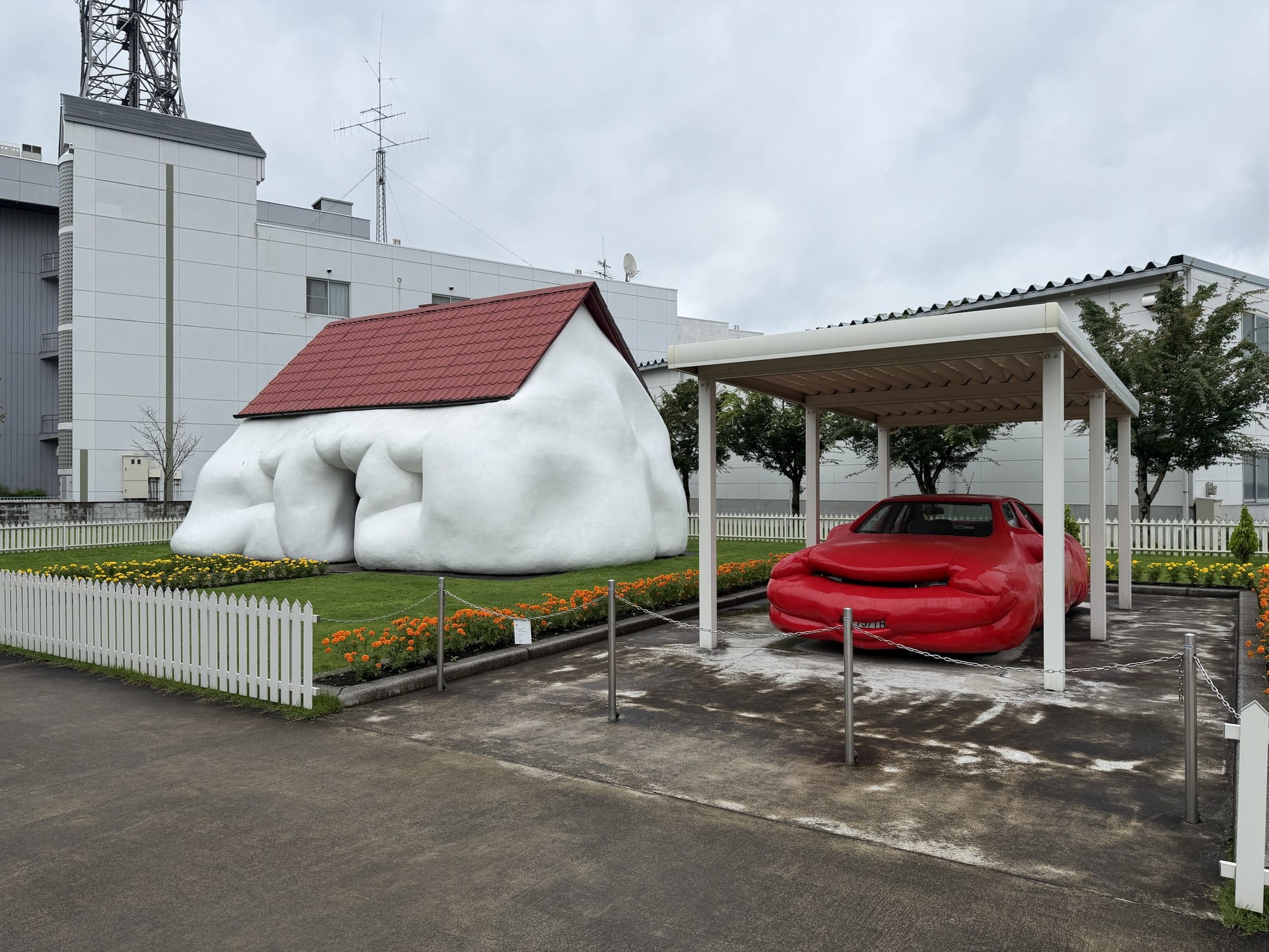 Erwin Wurm's Fat House and Fat Car outdoor works on the street at Towada Art Center in Aomori