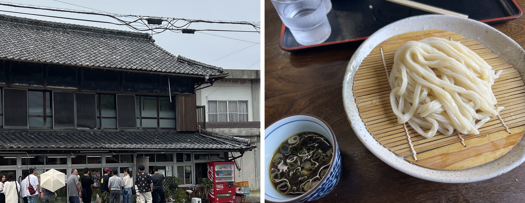The queue outside Susaki Shokuryohinten, an old wooden udon shop in Kagawa, and a plate of cold Sanuki udon on a bamboo mat with dipping broth