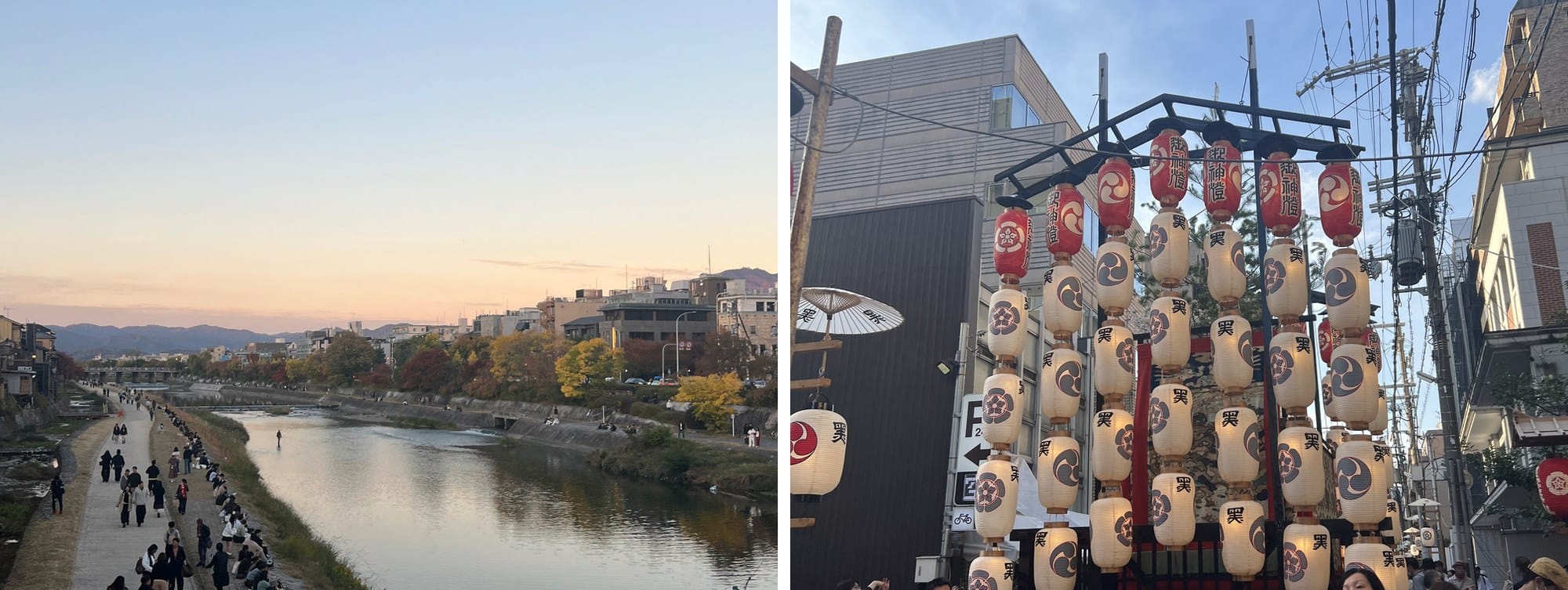 The Kamo River at dusk with people sitting along the bank, and rows of lanterns hung for the Gion Matsuri