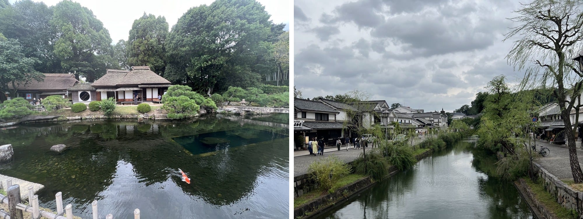 The pond and teahouse at Korakuen garden in Okayama, and the willow-lined canal in the Bikan quarter at Kurashiki