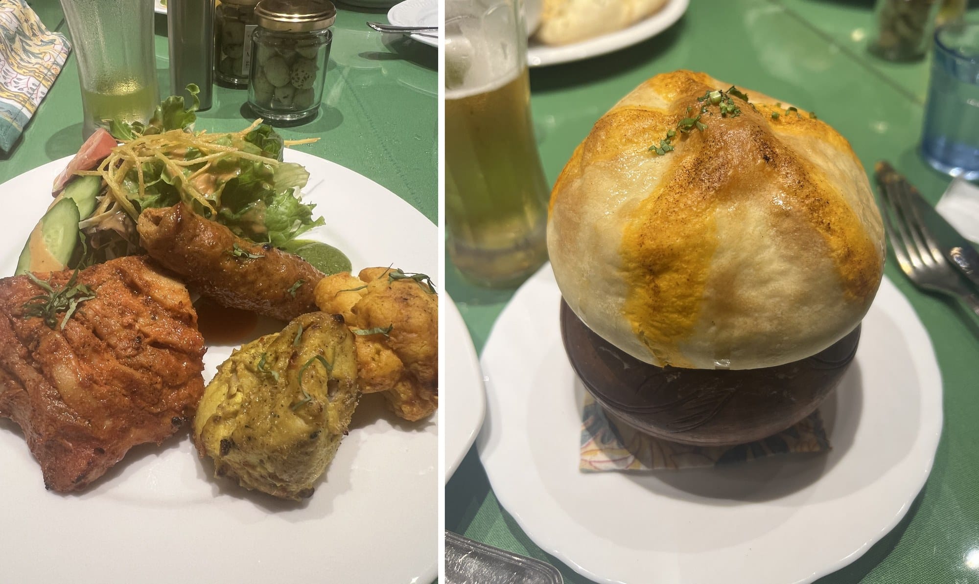 A tandoori platter and a dum biryani sealed under baked bread, photographed at a table in an Indian restaurant in Tokyo