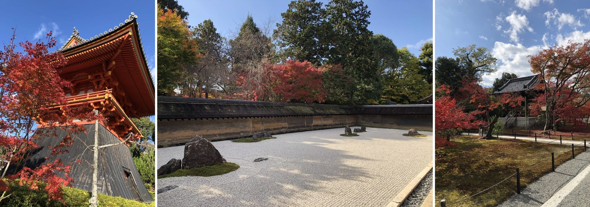 Three temples in one morning: Ninna-ji's belfry, Ryoan-ji's rock garden, and a mossy court at Kinkaku-ji