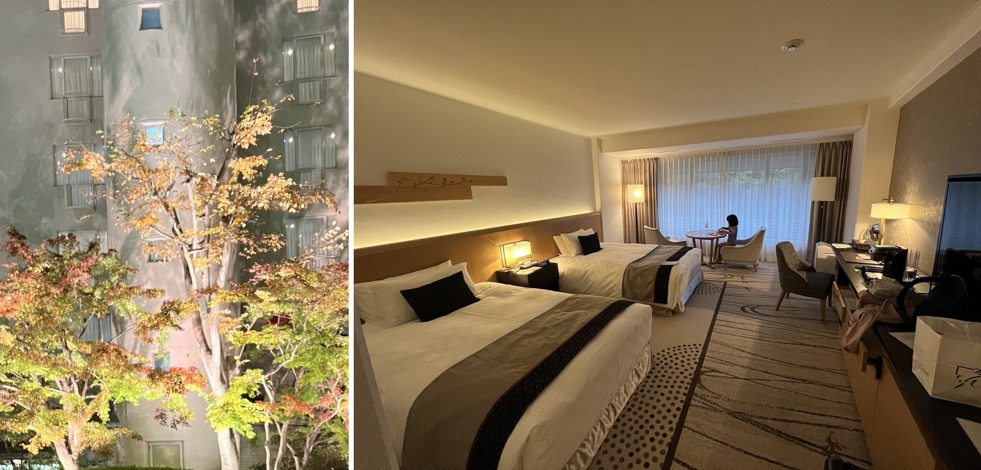 Two photographs from a northern Kyoto base: maples lit at night in a circular hotel courtyard, and a twin room looking onto trees