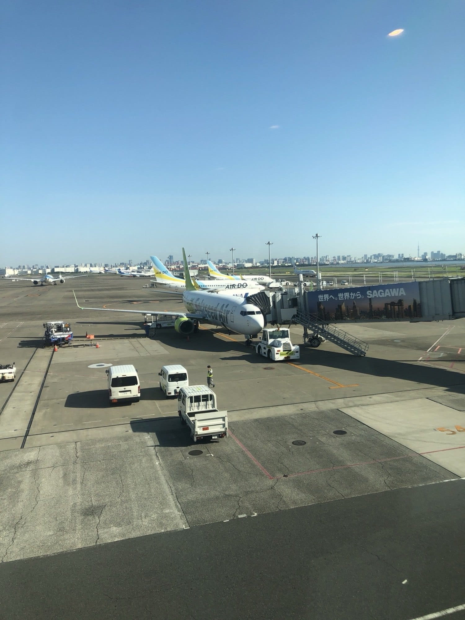 A Solaseed Air jet at Haneda with several AIR DO aircraft parked along the same pier