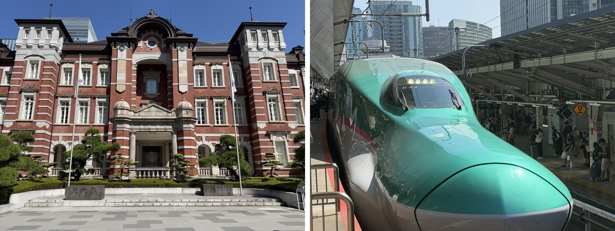 The restored red-brick Marunouchi facade of Tokyo Station, and a green E5 series Shinkansen at the platform