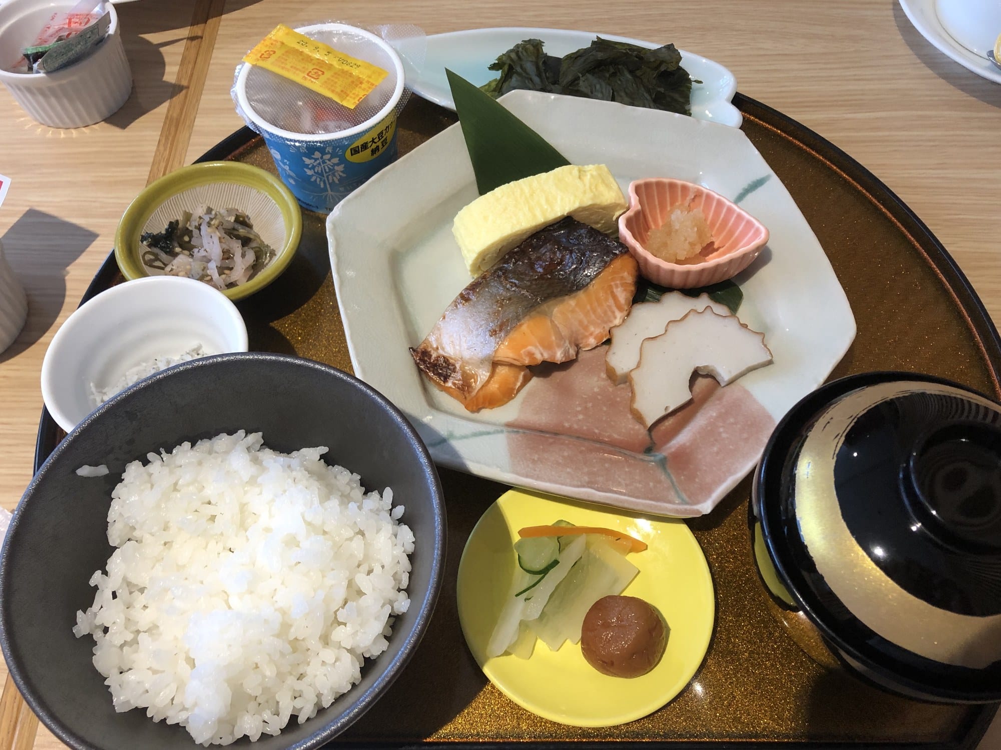 Japanese-style breakfast set at Matsue Excel Hotel Tokyu, with grilled salmon, dashimaki tamago, small dishes and rice