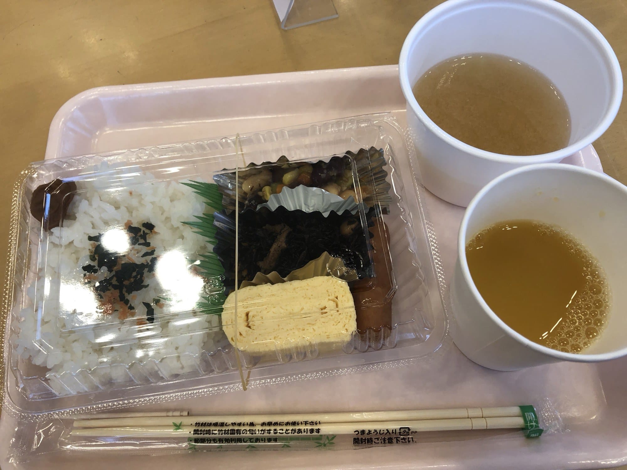 Takeaway box breakfast at Toyoko Inn Fukui-Ekimae with rice, rolled omelet, simmered hijiki and miso soup