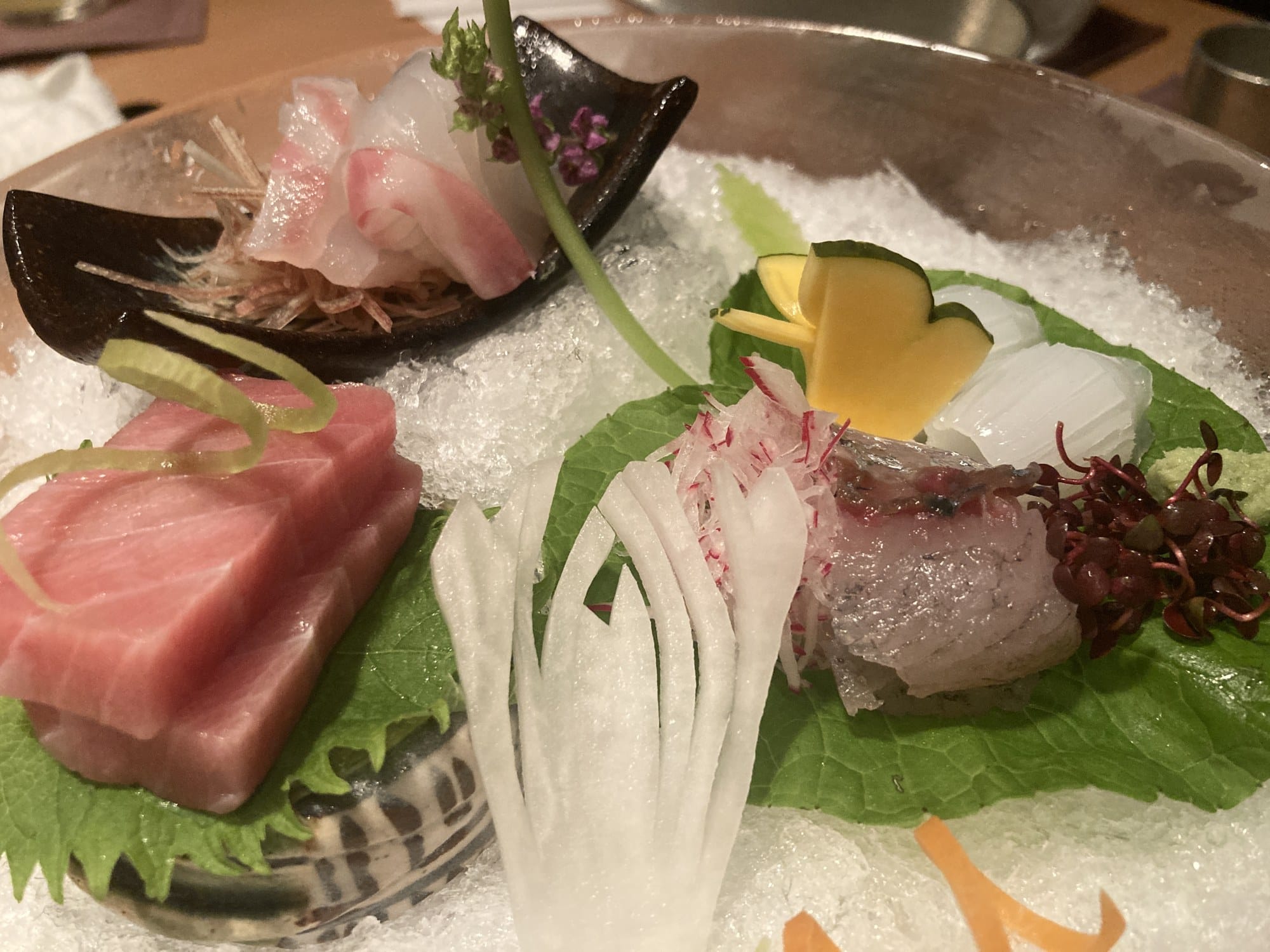 Assorted sashimi served on ice as part of a kaiseki course at Suiren, The Capitol Hotel Tokyu