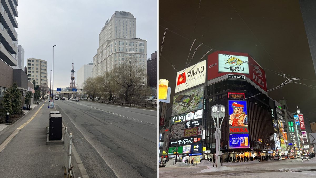 Daytime street view toward the Sapporo TV Tower beside the neon-lit Susukino crossing at night