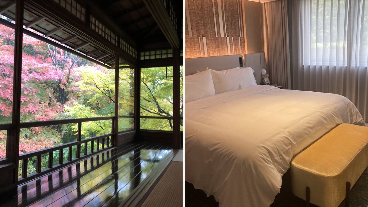 Traditional tatami room with autumn garden view beside a modern Kyoto hotel bedroom