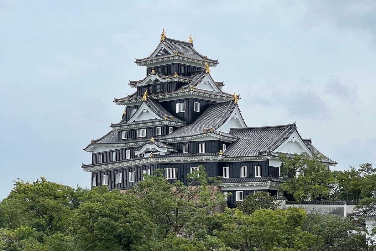 Black exterior of Okayama Castle rising above trees beside the Asahi River