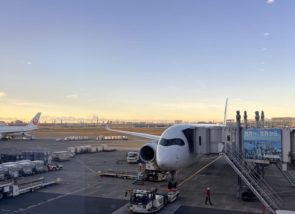 A Japan Airlines widebody parked at a jet bridge at Haneda at dawn, with baggage carts, a tug and ground crew on the apron an