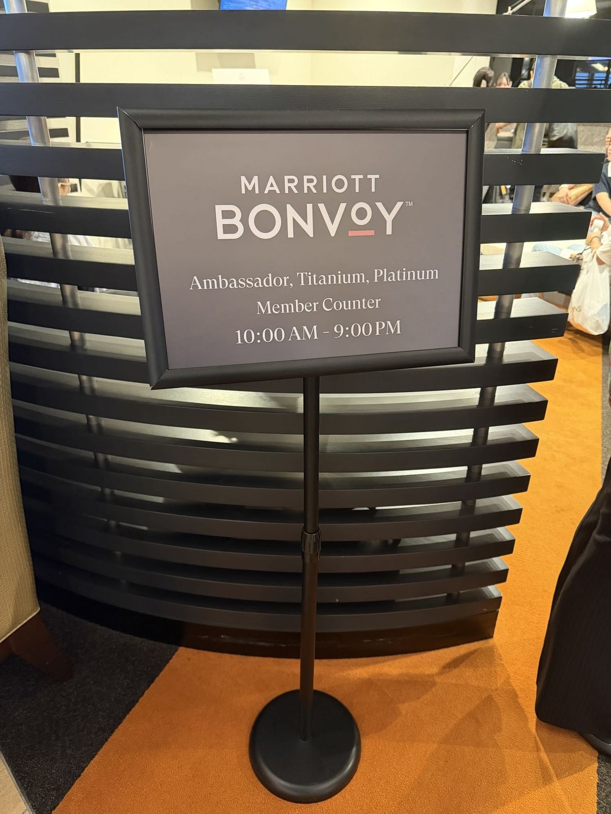 Marriott Bonvoy Ambassador, Titanium and Platinum member counter sign on a hotel guest floor