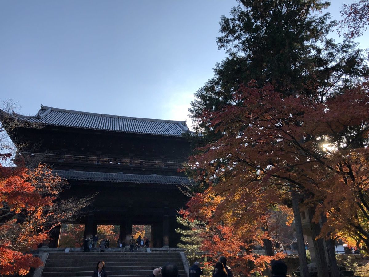 Nanzen-ji's sanmon gate backlit by low morning sun, with maples turning red beside it