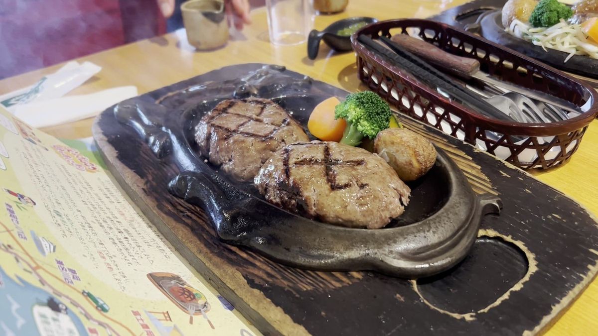 Two Sawayaka genkotsu hamburg steaks cut open on a hot iron plate, crosshatched sear marks on the cut faces, with broccoli, c
