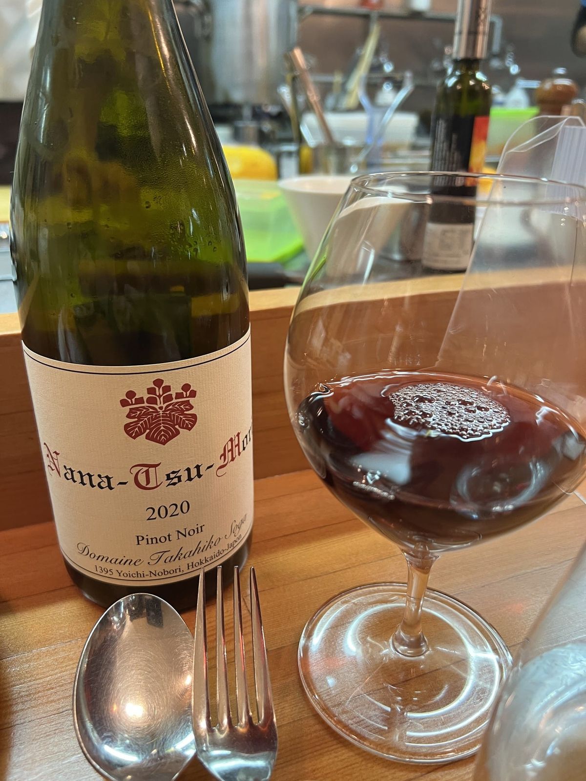 A glass of Domaine Takahiko Nanatsu-Mori pinot noir from Yoichi, Hokkaido