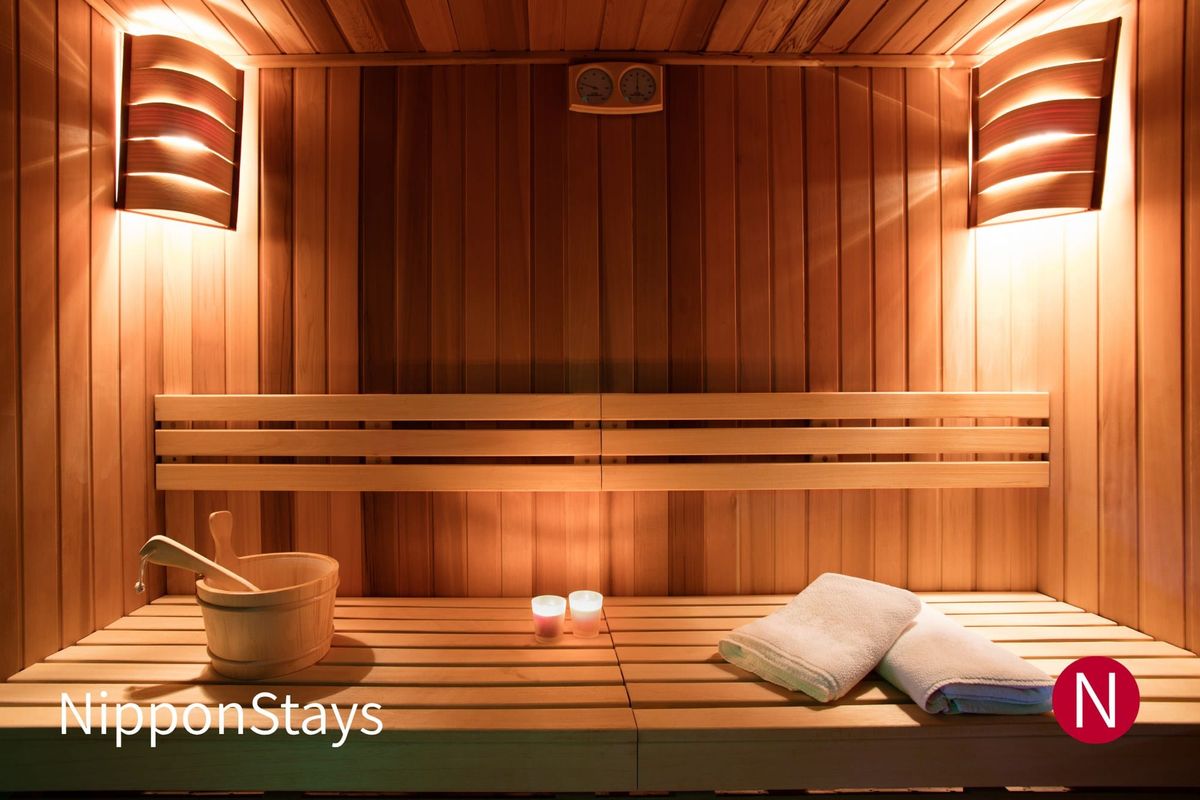 The wooden interior of a sauna