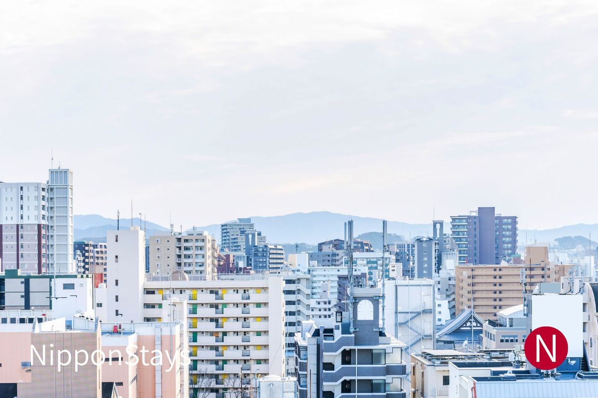 The Tenjin district of Fukuoka seen across the rooftops