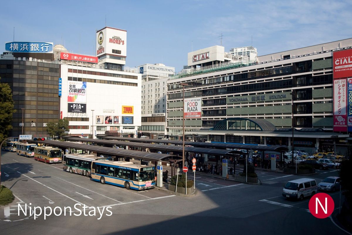 The west exit plaza of Yokohama Station with buses waiting