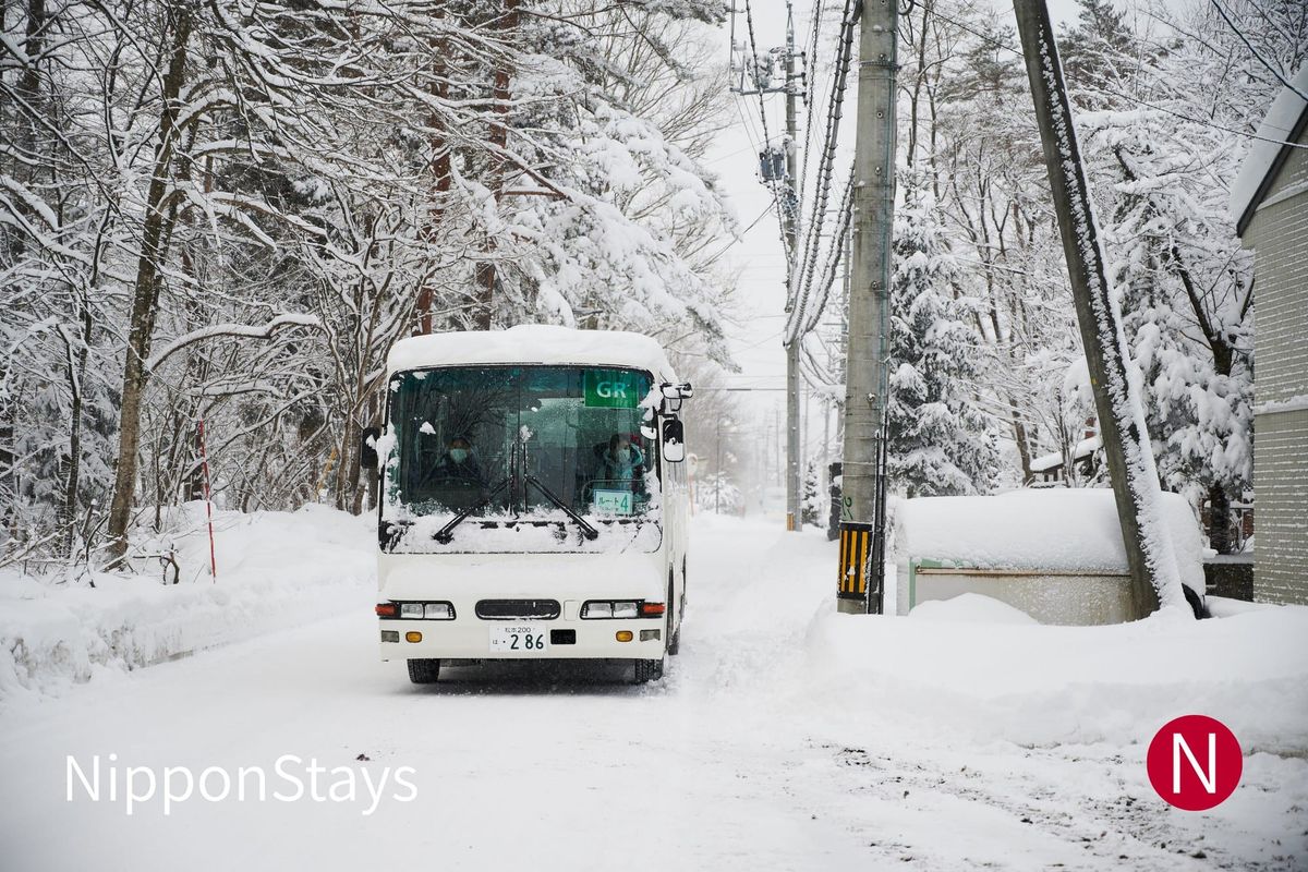 A white coach running along a snow-covered road between winter trees