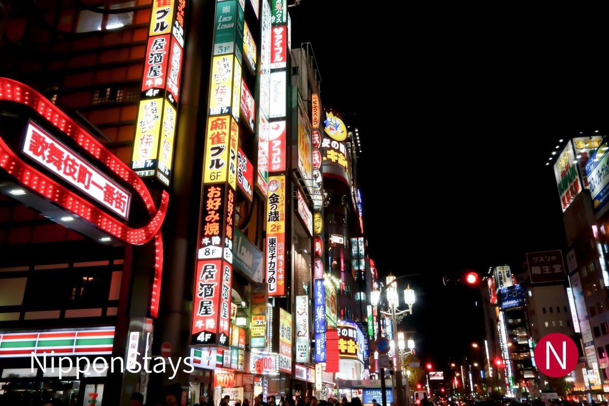 Kabukicho at night, neon signs along the street beside the Ichibangai gate