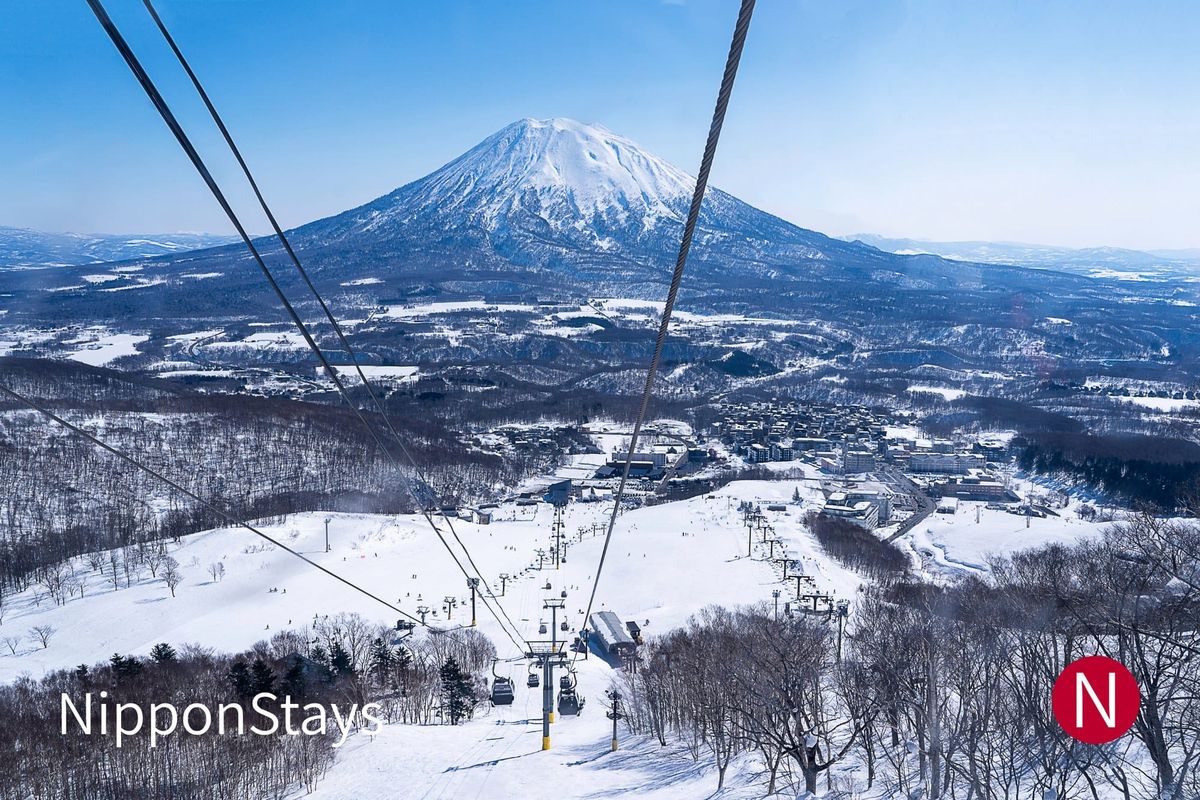Niseko's runs and lifts under snow with Mount Yotei behind