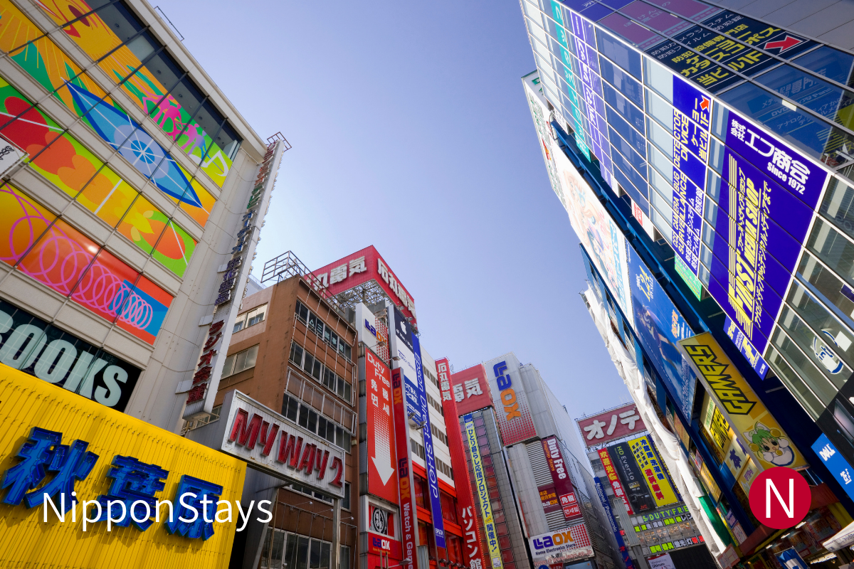 Akihabara buildings and electronics signs viewed from street level.