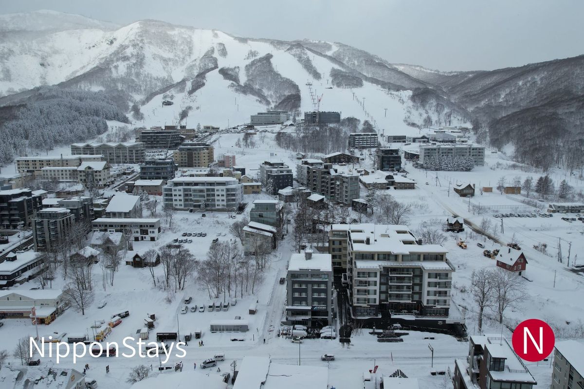 Niseko's village and ski runs seen from above under deep snow