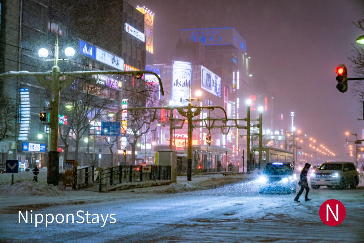 Downtown Sapporo street at night with snow banked along the roadway