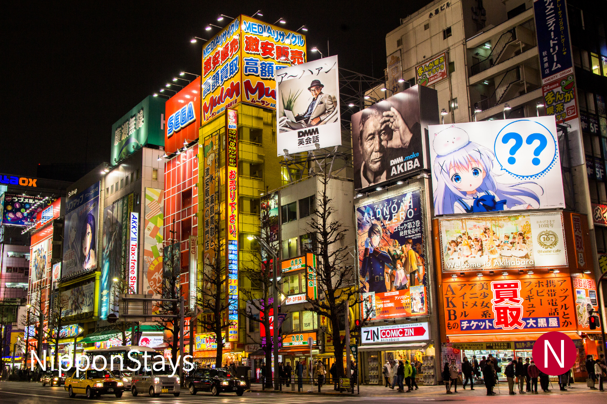 Akihabara Electric Town buildings and illuminated signs after dark.