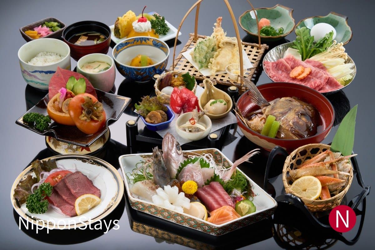 A Japanese multi-dish dinner laid out on a tray