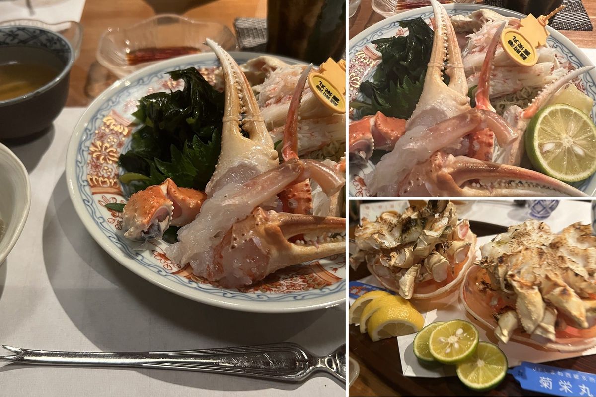 A tagged Echizen crab course served in Tokyo, crab sashimi followed by crab grilled in the shell