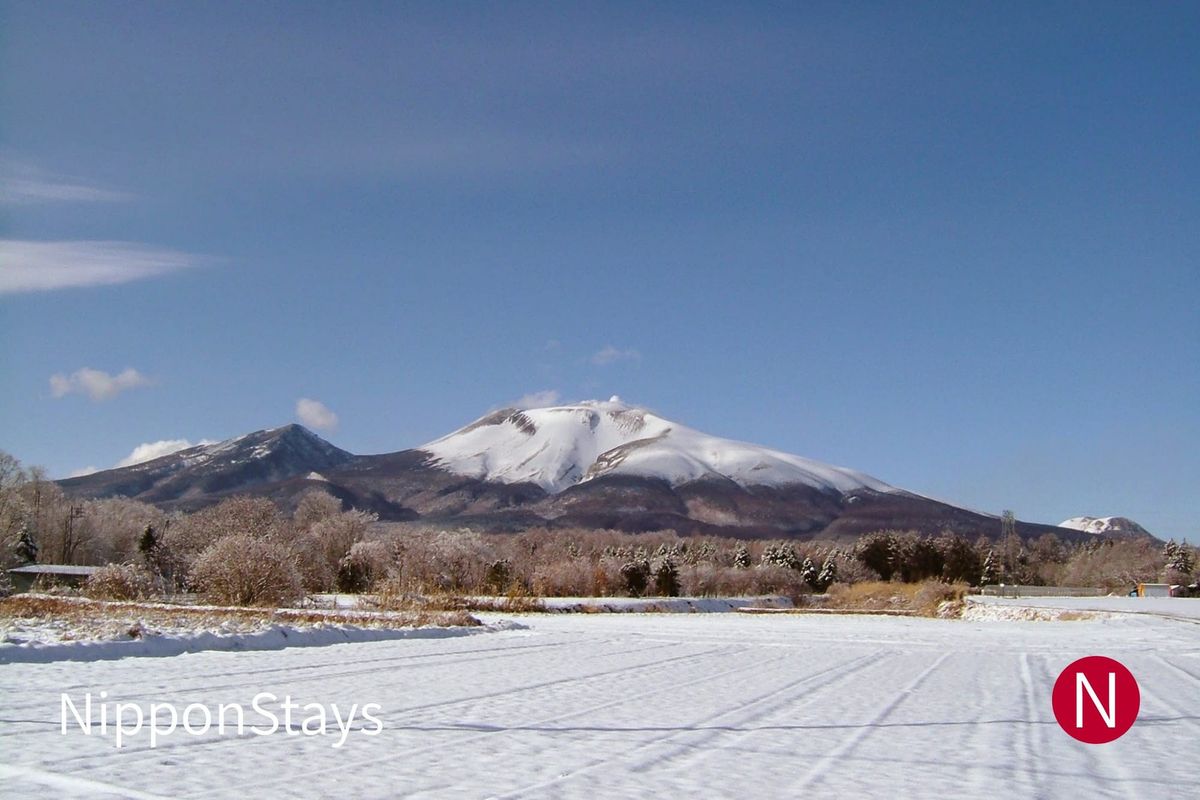 Snow-capped Mount Asama above snowy fields under a blue sky, seen from the Karuizawa side