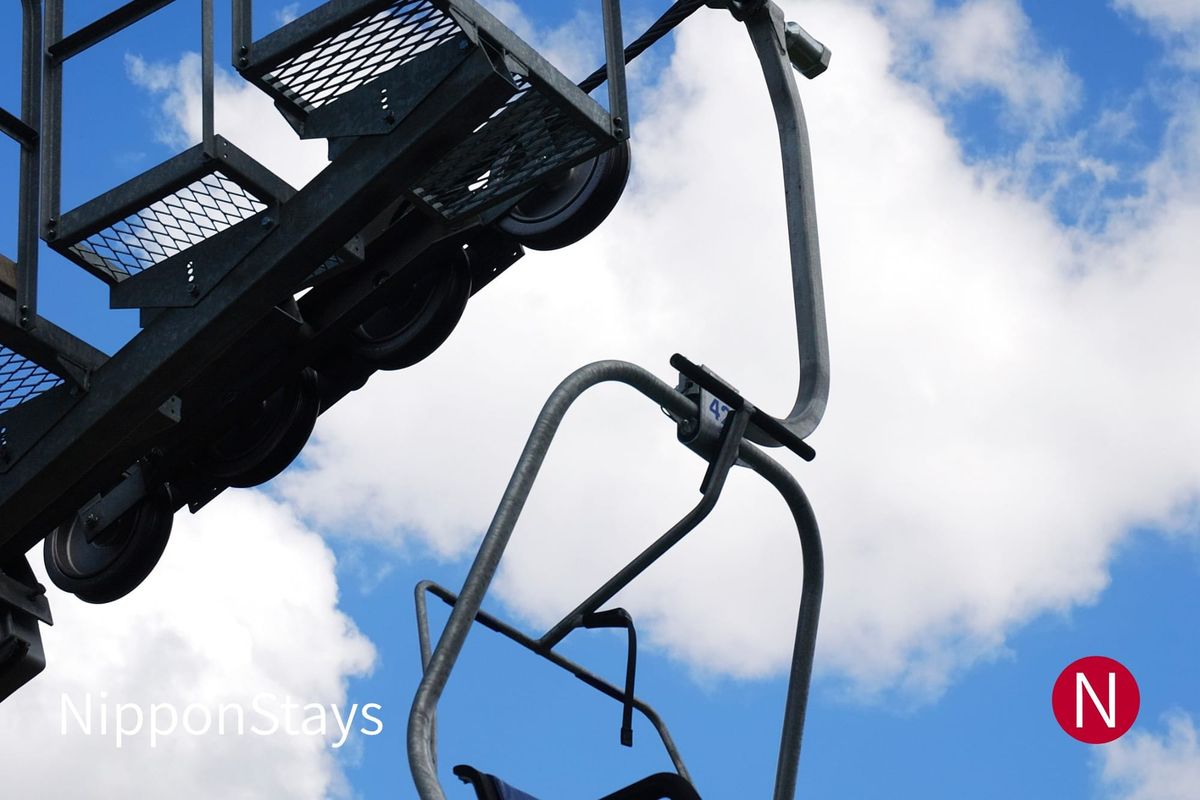 Looking up at an empty chairlift and the wheels of a lift tower against a blue sky with clouds