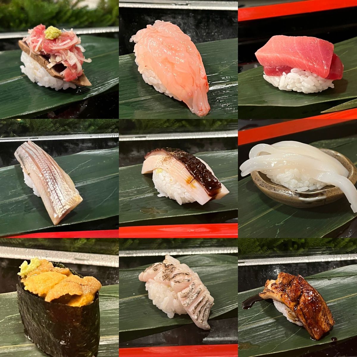 A nine-piece assortment of nigiri sushi including tuna, shrimp, sea eel and torched fish at a Shiogama sushi restaurant