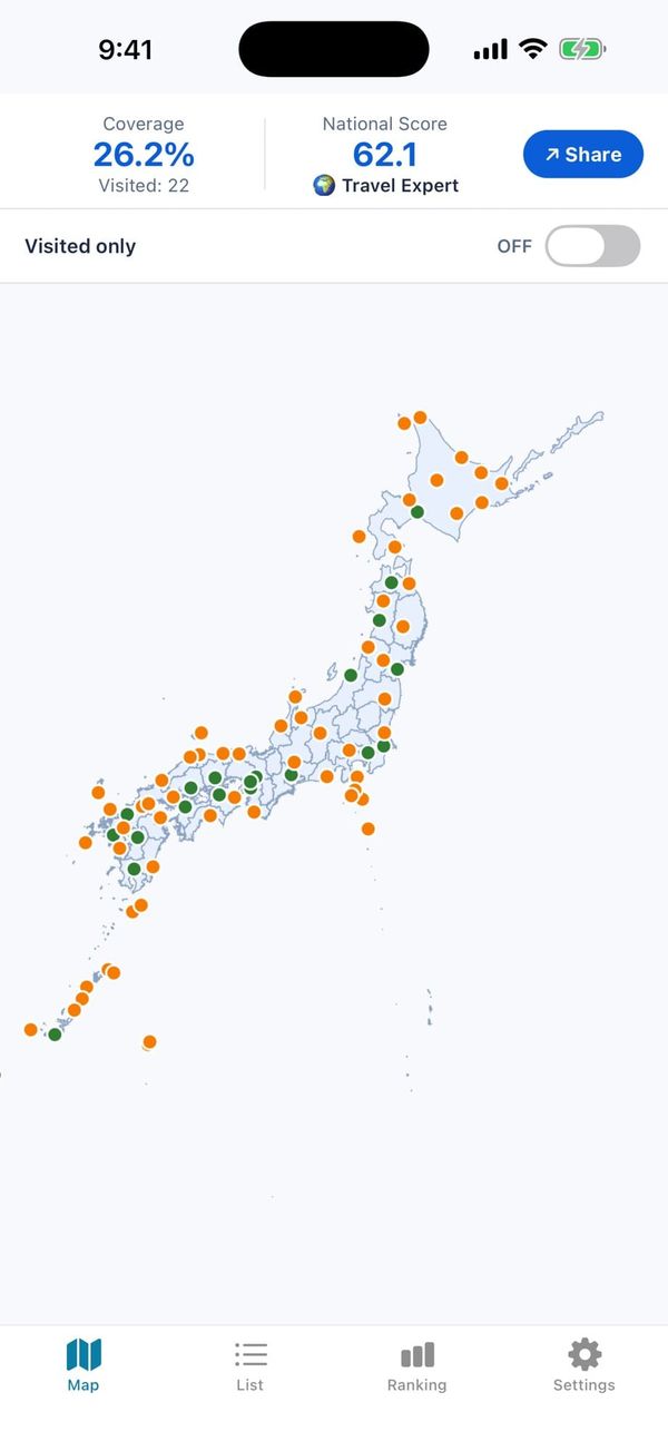 AirportStamp app map of Japan showing visited airports and a national coverage score
